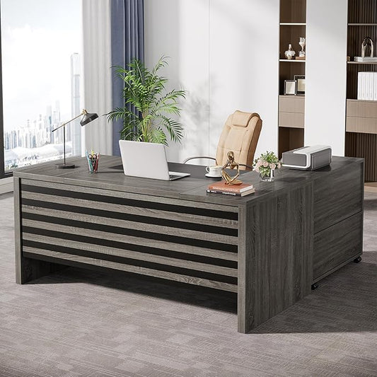Tribesigns 62.2" Executive Desk with Mobile File Cabinet, L-Shaped Office Desk with Storage Shelves, Large Computer Table Business Workstation Set for Home Office, Grey