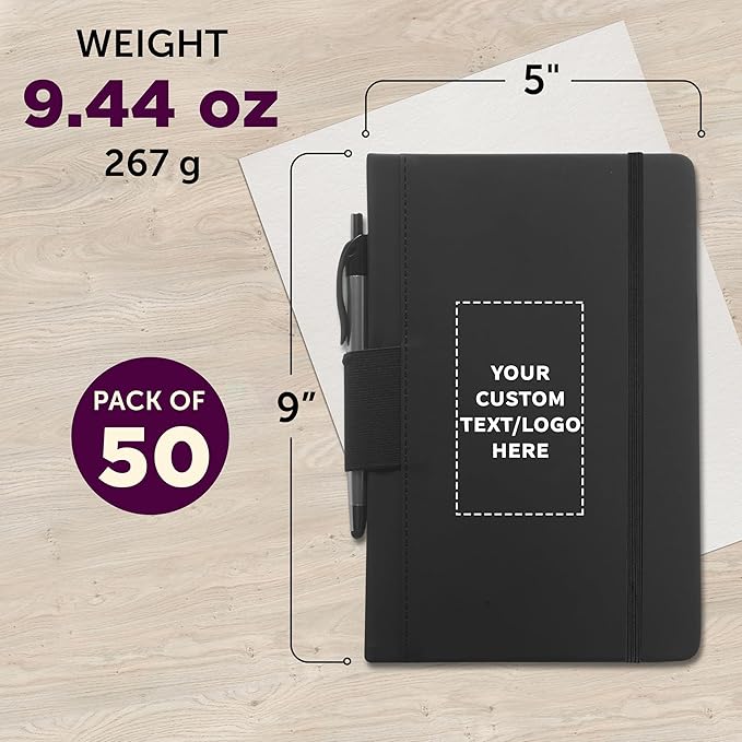 DISCOUNT PROMOS 50 Executive Notebooks with Pen Pack - Customizable Text, Logo - 6 x 8.5 inches, Recycled, Pen Loop, Closure Strap - Black