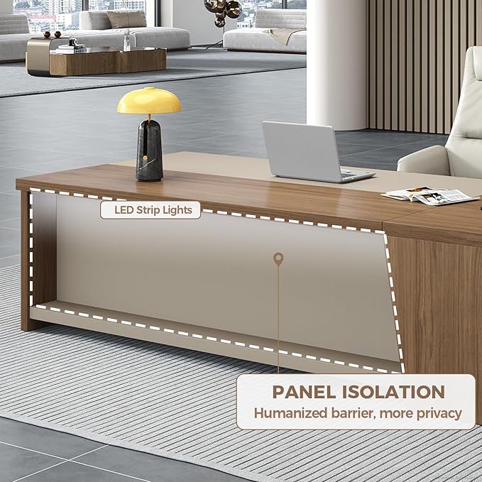 Premium Executive Desk, Modern L Shape Office Executive Desk with Drawers, Lockable Storage & Cable Management(Champagne Wood Grain+Beige/Left,79" L*63" W*30" H)