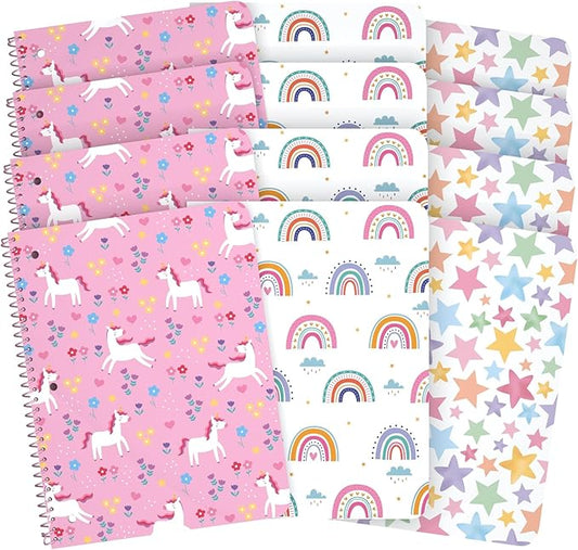 Wide Ruled Spiral Notebook, Adorable 1 Subject Notebooks for kids 100 Sheets/200 Pages, Perforated 3-Hole Punched Sheets with Interior Paper Pocket 8x10.5 Inch (12 Pack)