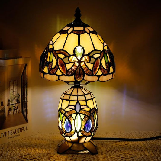 Small Tiffany Lamp Stained Glass Table Lamp Mini Mother Daughter Vase Desk Accent Light for Bedroom Bedside Reading Home Antique Style Decor 8X14 Inches (Serenity Victorian)