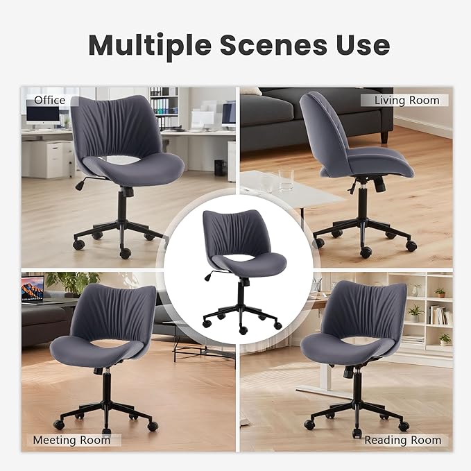 Rowill Armless Office Desk Chair, Ergonomic PU Leather Modern Task Chair with Back Adjustable Height, 360° Swivel Vanity Chairs with Wheels for Small Space, Home Office, Bedroom, Blueberry Purple