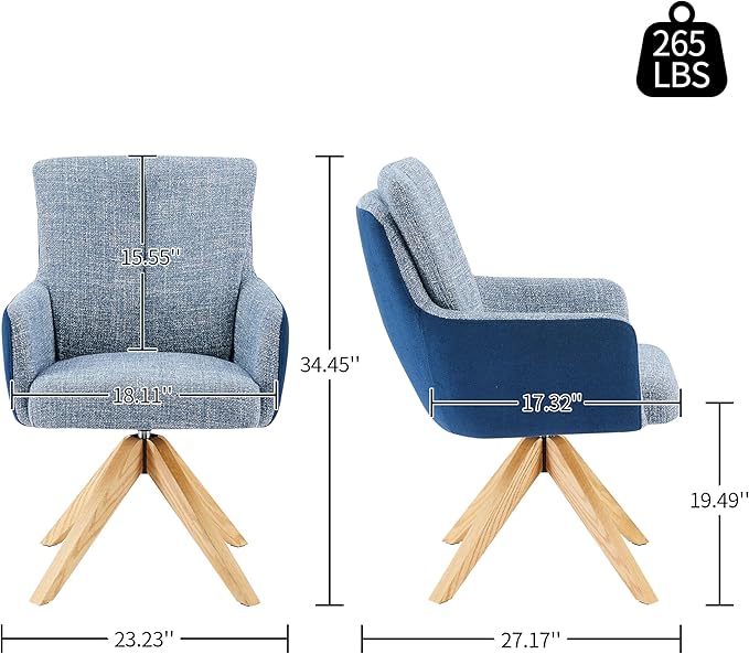 Art Leon Mid Century Desk Chair - Office Chair No Wheels, Modern Swivel Accent Chair, Fabric Upholstered Armchair with Oak Wood Legs for Living Room Home Office, Blue