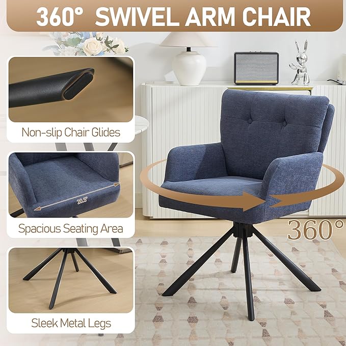 Fabric Dining Chair Set of 2 Modern Upholstered Swivel Dining Room Chairs Comfy Accent Armchair with Mid Back, Desk Arm Chair No Wheels for Kitchen/Living Room/Dining Room, Navy