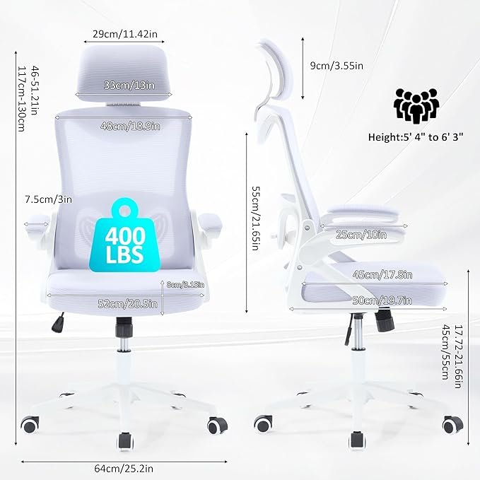 Fizzin Ergonomic Office Chair,Ergonomic Desk Chair with Headrest Mesh Computer Chair with High Back Adjustable Lumbar Support, Rolling Swivel Chairs with Wheel Armrests for Home Office (Lavender)