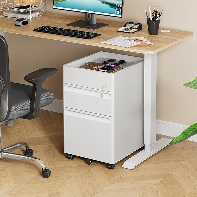 DEVAISE 2 Drawer Mobile File Cabinet, White Filing Cabinet with Lock, Under Desk Metal Filing Cabinets for Home Office, 17.7" D x 15.4" W x 25" H