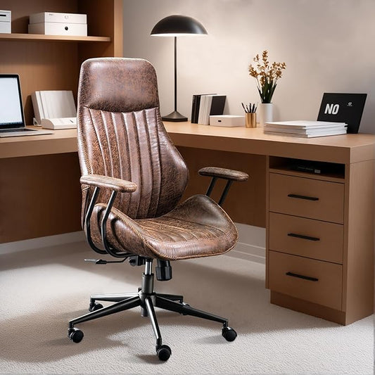 ovios Ergonomic High Back Office Chair, Mid-Century Modern Faux Suede Leather Chair with Padded Armrests, Comfy Executive Computer Task Swivel Rolling Chairs, Dark Coffee