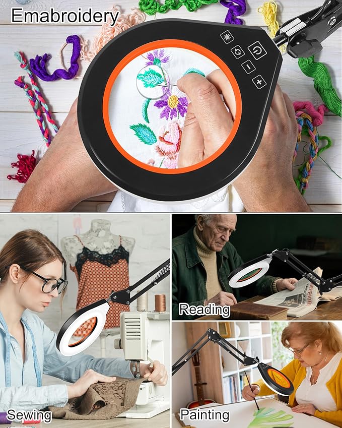 10X & 5X Magnifying Glass with Light, Ultra Long Swing Arm, 5 Colors & 10 Brightness, Real Glass Lens Large Magnifying Lamp for Craft Painting Workbench Jewelry Making Hobby Close Work (Orange)