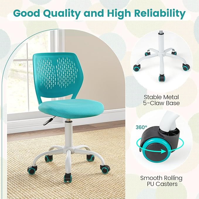 POWERSTONE Small Home Office Desk Chair, Swivel Rolling Study Computer Chair, Adjustable Height Task Chair with Armless Mid Back, Upholstered Mesh Seat,Turquoise