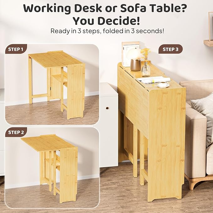 32.7" Bamboo Folding Desk, Space-Saving Foldable Computer Desk for Small Spaces, Portable Home Office Writing Desk for Bedroom, Study, or Apartment, Easy Assembly,Natural