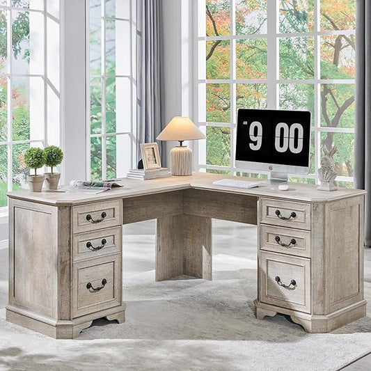 T4TREAM 59" Executive L Shaped Desk with Drawers,Farmhouse Wood Computer Coner Desk, Featuring Charging Station,File Drawer, Storage Cabinet,for Home Office Work and Study (Light Rustic Oak)