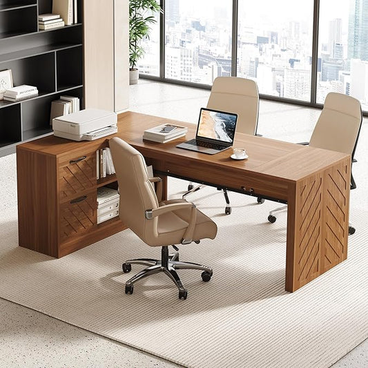LITTLE TREE 78.7-Inch L-Shaped Executive Desk, Large Home Office Desk with 2 File Drawers and Storage Shelves (Warm Brown)