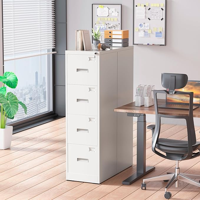 Greenvelly 18" D File Cabinet, 4 Drawer Vertical File Cabinet with Lock, Locking Filing Cabinet for Home Office, White Metal File Cabinet for Hanging Letter/Legal Folders, Easy Assemble