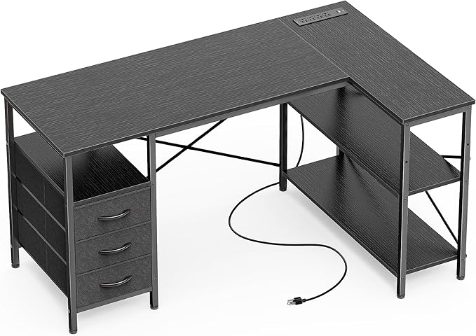 Huuger L Shaped Office Desk with Power Outlets, 47 Inch Computer Desk with 3 Drawers, Shelves, for Gaming, Corner Work, Home Office, Study, Black