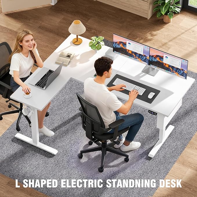 L Shaped Electric Standing Desk,63 Inch Adjustable Height Sit to Stand Corner Desk with Memory Presets,Reversible Computer Table for Home Office,Work and Study,White