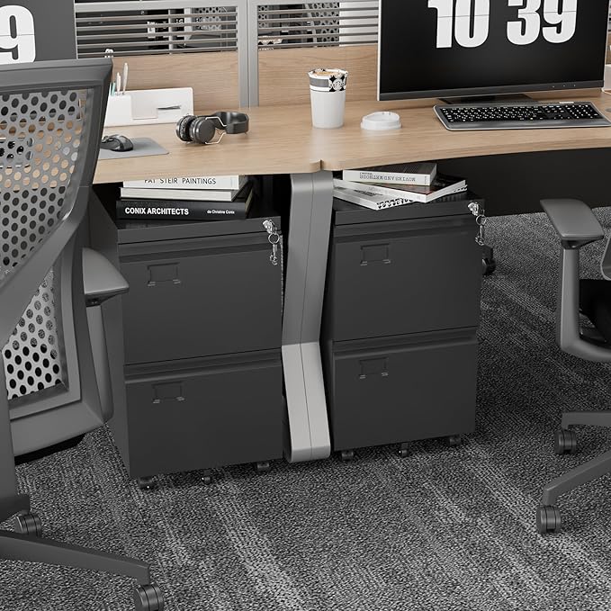 METAN 2 Drawer Vertical File Cabinet with Lock, Mobile Metal Filing Cabinet for Legal/Letter Size, Office Storage File Cabinet Under Desk with Card Holder,Assembly Required, Black