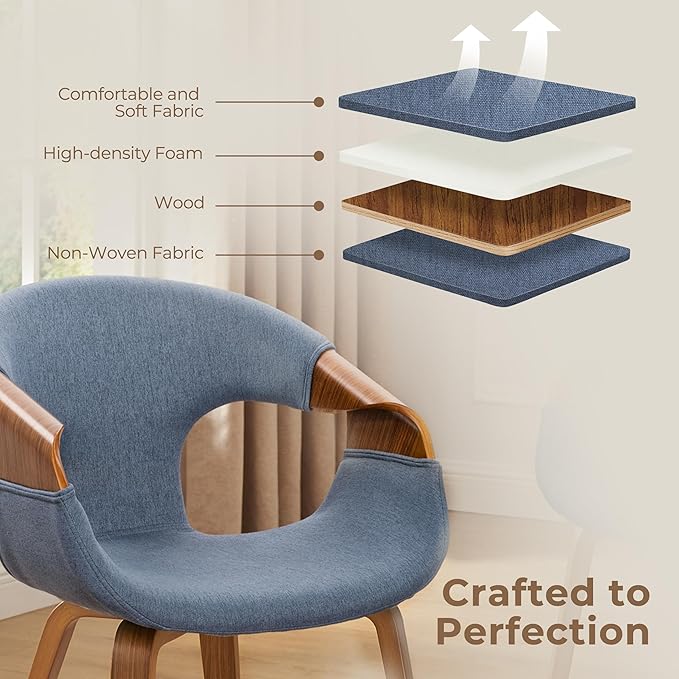 Art Leon Mid Century Desk Chair - Modern Desk Chair No Wheels, Fabric Upholstered Wooden Office with Wood Legs for Living Room Bedroom, Black Oak Bentwood, Blue