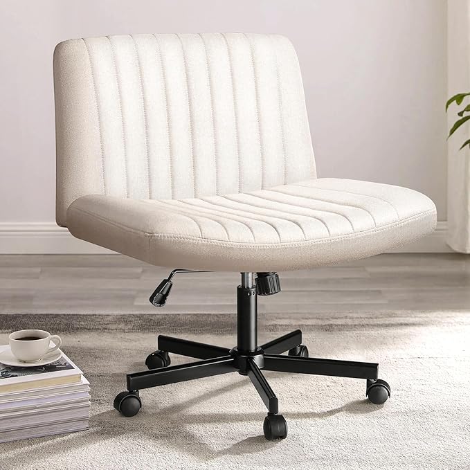 PUKAMI Criss Cross Chair with Wheels,Fabric Padded Armless Cross Legged Office Desk Chair for Home Office,Modern Swivel Height Adjustable Wide Seat(Beige)