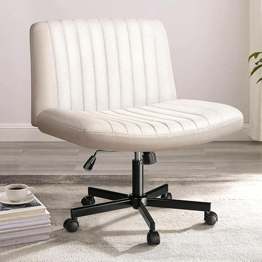 PUKAMI Criss Cross Chair with Wheels,Fabric Padded Armless Cross Legged Office Desk Chair for Home Office,Modern Swivel Height Adjustable Wide Seat(Beige)