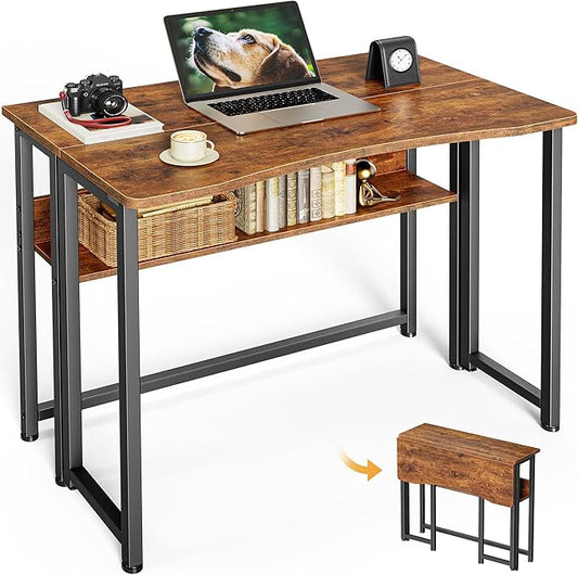 Huuger Folding Desk with Storage Shelf, 31.5 Inch Foldable Computer Table for Small Spaces, Space Saving Sofa Table for Couch, Writing Work Office Computer Desk, Easy to Fold, Rustic Brown