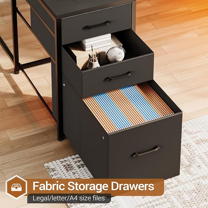 SEDETA L Shaped Gaming Desk, Reversible U Shaped Computer Desk with Power Outlet and Storage Shelves, Corner Gaming Desk with LED Lights, 3 Fabric Drawers, Black