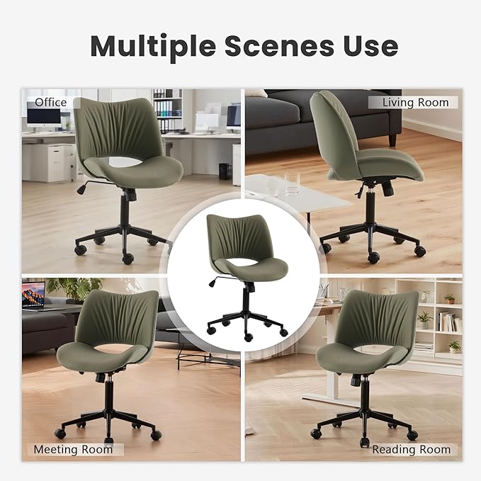 Rowill Armless Office Desk Chair, Ergonomic PU Leather Modern Task Chair with Back Adjustable Height, 360° Swivel Vanity Chairs with Wheels for Small Space, Home Office, Bedroom, Olive Green
