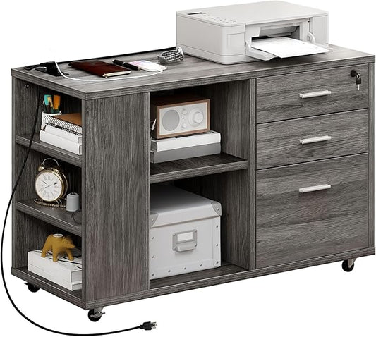 YITAHOME File Cabinet with Charging Station, Mobile Lateral Filing Cabinet with Lock for Home Office, Printer Stand with Open Storage Shelf, Fits A4, Letter, Legal Size Files, Office Furniture, Grey