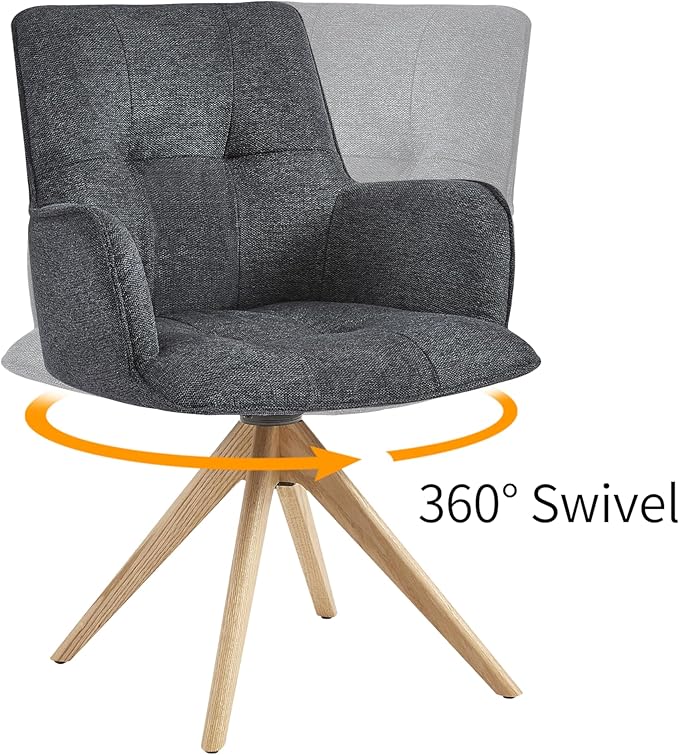 Art Leon Swivel Chair - Mid Century Modern Desk Chair Without Wheels, Fabric Upholstered Accent Chair with Oak Wood Legs for Small Space Living Room Bedroom, Dark Gray