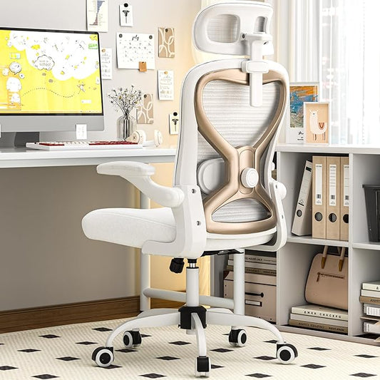 Office Chair for Back & Neck Pain Relief, Virgin Foam Seat, 2D Adjustable Lumbar & 3D Headrest, Flip-Up Armrests, Tilt & Rock for Relaxation, White/Gold