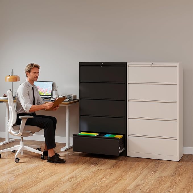 5 Drawer File Cabinet with Lock, Lateral Filing Cabinets,Metal Storage Filing Cabinets for Home Office, Heavy Duty File Cabinet for Letter/Legal/A4/F4 Size Amssebly Required, White