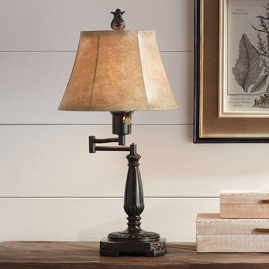 Regency Hill Traditional Rustic Natural Cottage Swing Arm Desk Table Lamp 22.5" High Bronze Metal Faux Leather Bell Leather Shade Decor Living Room Bedroom House Bedside Nightstand Home Office