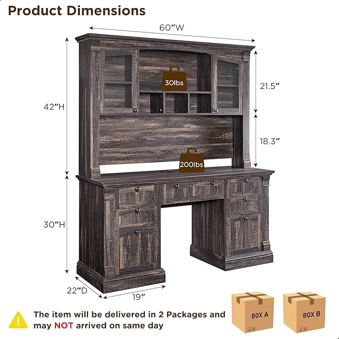 OKD 60" Executive Desk with Hutch and Drawers, Farmhouse Home Office Desk with Charging Station, Keyboard Tray, File Cabinet Storage, Wood Computer Desk for Work and Study, Dark Rustic Oak
