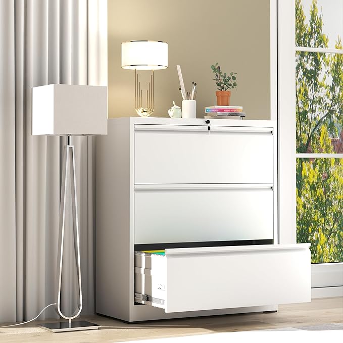 AQY 3 Drawer File Cabinet with Lock,Metal Lateral File Cabinets for Home Office,Steel Wide Filing Organization Storage Cabinets for Hanging Files Letter/Legal/F4/A4 Size Assembly Required(White)