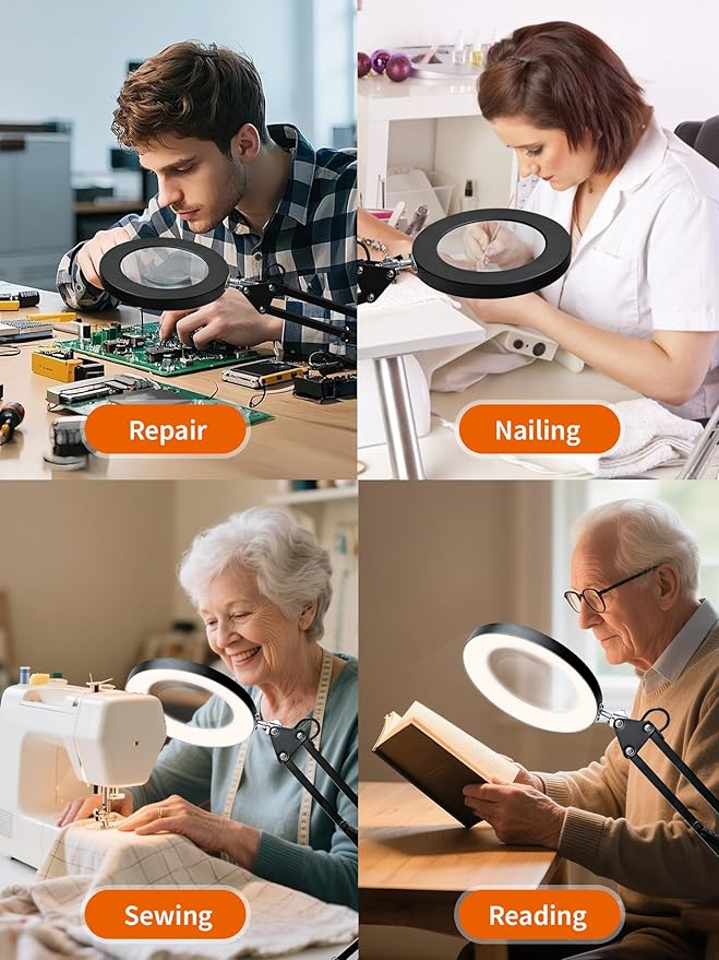 10X Magnifying Glass with Light and Clamp, Real Glass Lens Magnifier Lamp with 3 Color Modes & 270° LED Light, Dimmable Hands-Free Desk Clamp Lamp for Crafts, Reading, Painting, Repairing