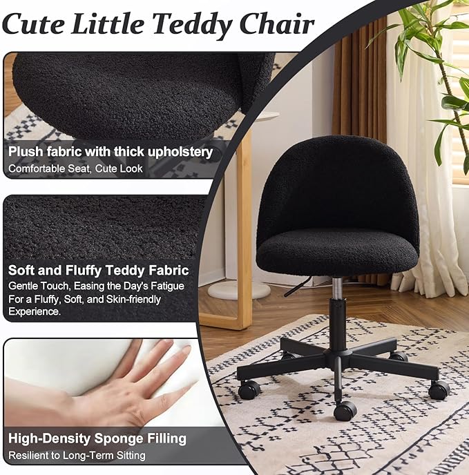 VINGLI Cute Candy Chair Armless Comfy Small Office Desk Vanity Chair with Wheels & Lumbar Support,Teddy Adjustable Rolling Swivel Computer Task Ch for Home Office,Bedroom,Black