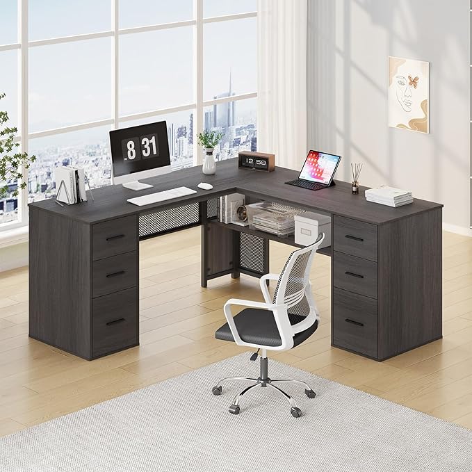 HSH L Shaped Corner Home Office Desk with Drawers, Large Computer Desk with Storage File Cabinet Shelves, Rustic Wood Metal Computer Table for Bedroom Executive Work Study Writing, Dark Gray, 59 Inch