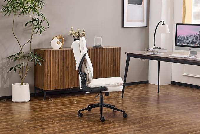 VINGLI Comfy White Leather Office Desk Chair, High-Back Support Ergonomic Computer Task Gaming Chair,with Removable wheels,360° Swivel,Adjustable Height,Flip-Up Arms,for Adults,Teen,Vanity,Home Office