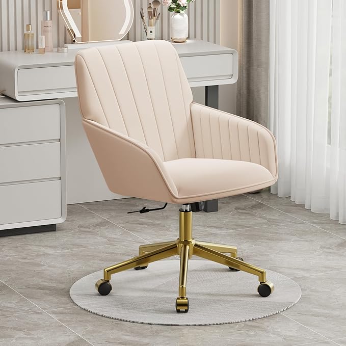 YISHENG Velvet Office Desk Chair with Gold Base, with Wheels,Modern Height Adjustable 360 Degree Swivel Upholstered Vanity Chairs with Arms for Living Room Bedroom,Khaki