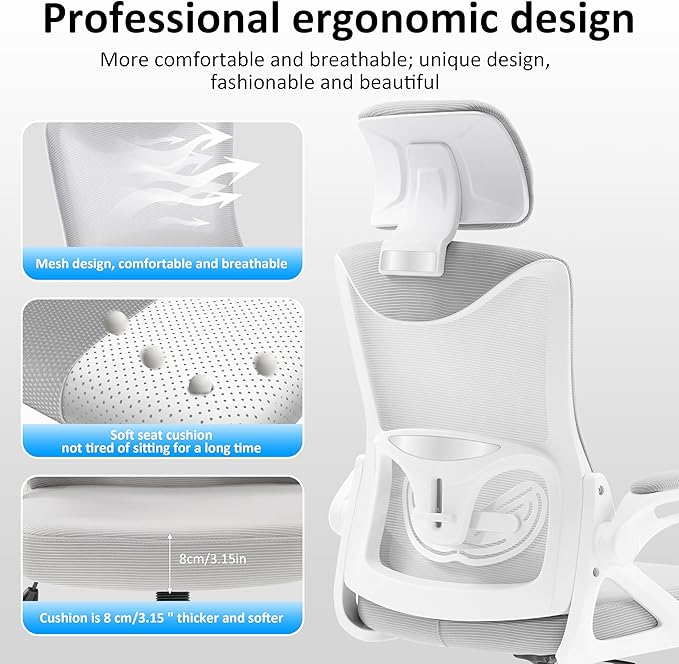 Fizzin Ergonomic Office Chair,Ergonomic Desk Chair with Headrest Mesh Computer Chair with High Back Adjustable Lumbar Support, Rolling Swivel Chairs with Wheel Armrests for Home Office(Gray)