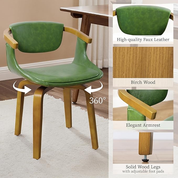 Art Leon Office Chair No Wheels - Mid Century Modern Swivel Desk Chair, Faux Leather Upholstered Accent Chair for Living Room Bedroom Study, Green