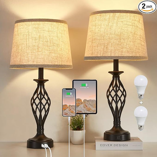 Table Lamp for Bedroom Set of 2 with USB C+A Ports, Modern Bedside Lamps with Spiral Cage Base, Fabric Shade, Nightstand Lamp for Living Room Reading Bed Side End Table, 2 LED Bulbs Included Black
