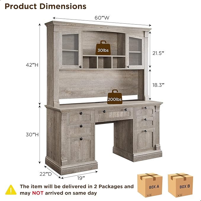 OKD 60" Executive Desk with Hutch and Drawers, Farmhouse Home Office Desk with Charging Station, Keyboard Tray, File Cabinet Storage, Wood Computer Desk for Work and Study, Light Rustic Oak