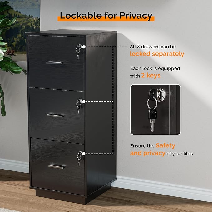 VINGLI 3 Drawer File Cabinet with Lock, Home Office Filing Organizer, for Letter Size File Folder Storage, Wood Tall Vertical Filing Cabinet, Printer Stand, Archivador (Black)