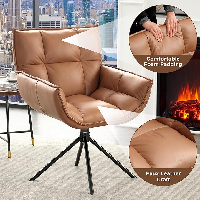 Desk Chair No Wheels, 360° Swivel Mid Century Modern Desk Chairs, Upholstered Faux Leather Swivel Accent Chair with Arms, Criss Cross Office Chair Without Wheels(Brown, x2)