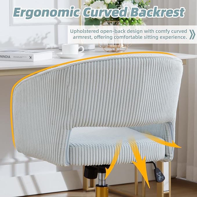 ABET Desk Chair with Wheels, Corduroy Home Office Chair, Swivel Armchair Gold Base, Upholstered Modern Accent Chairs, Back Incline Adjustable for Living Room Bedroom Vanity, Light Blue