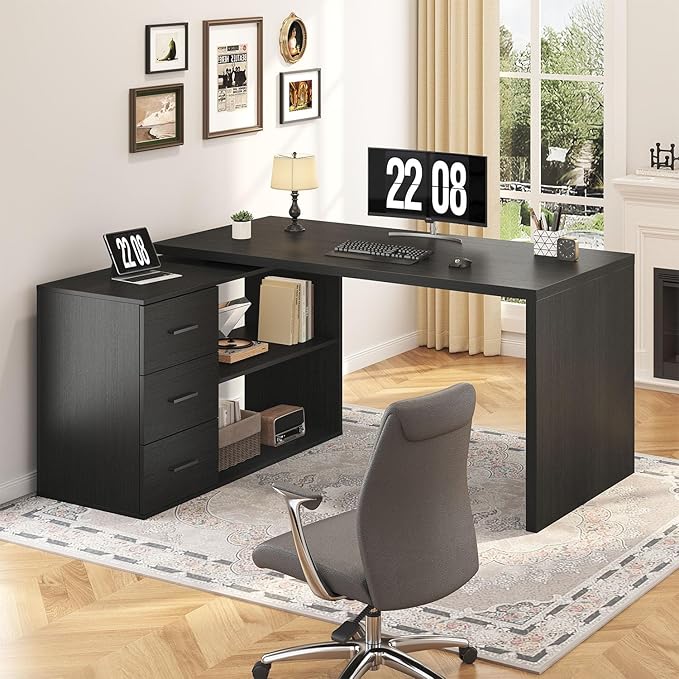 HSH Black L Shaped Desk with Drawers Shelves, 360 Rotating Home Office Desk L Shape with Storage Cabinet, Corner Wood Computer Table for PC Executive Work Study Writing in Bedroom Living Room, 55 in