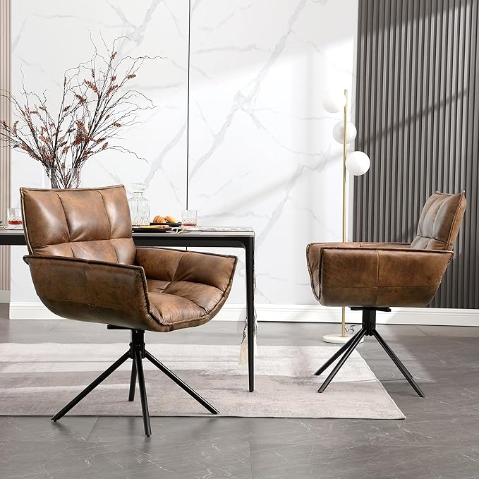 Desk Chair No Wheels, 360° Swivel Mid Century Modern Desk Chairs, Upholstered Faux Leather Swivel Accent Chair with Arms, Criss Cross Office Chair Without Wheels(Dark Brown, x1)