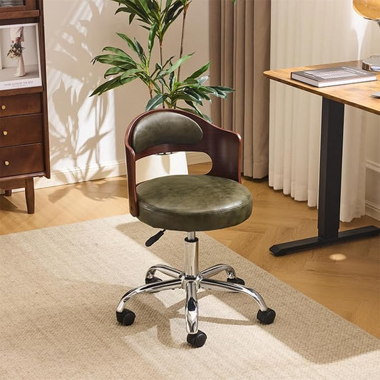 VINGLI Armless Home Office Desk Chair, Adjustable Swivel Chair,Dual-Use with/no Wheels,Small Retro Designed Walnut Curved Task Chair,Cushioned Nail Tech Chair for Study Area,Workspace,PU,Olive Green
