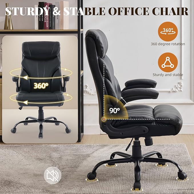 Leather Home Office Chair,500lbs Big and Tall Ergonomic Desk Chair,360°Swivel Free,100°-118°Recline,43"- 47" Height Adjustable,Silent 360° Casters for Home Office Computer Desk