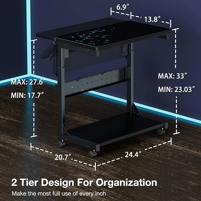 Height Adjustable Computer Tower Stand, 2-Tier PC Stand CPU Holder Under Desk Gaming Case Cart w/Rolling Wheels & Mouse Pad, Folding End Table Mobile Laptop Desk